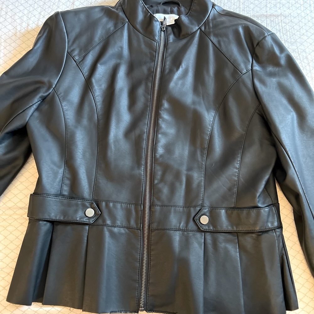 New York & Company Faux Leather Peplum Jacket, Black, Large